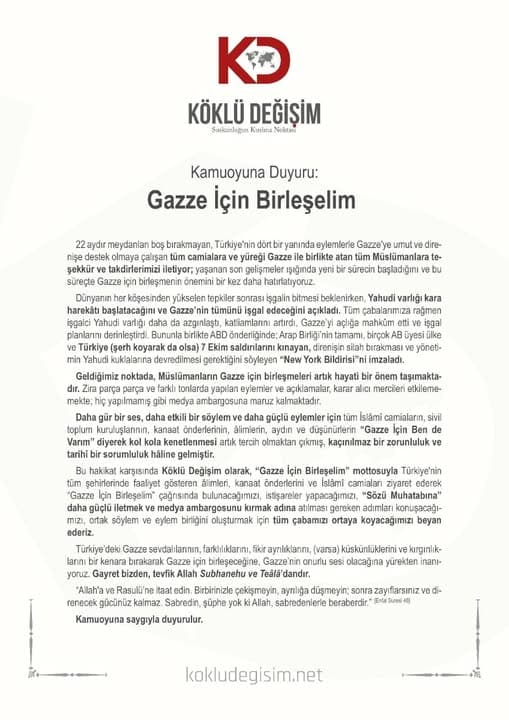 Köklü Değişim’den Kamuoyuna Duyuru: #GazzeİçinBirleşelim